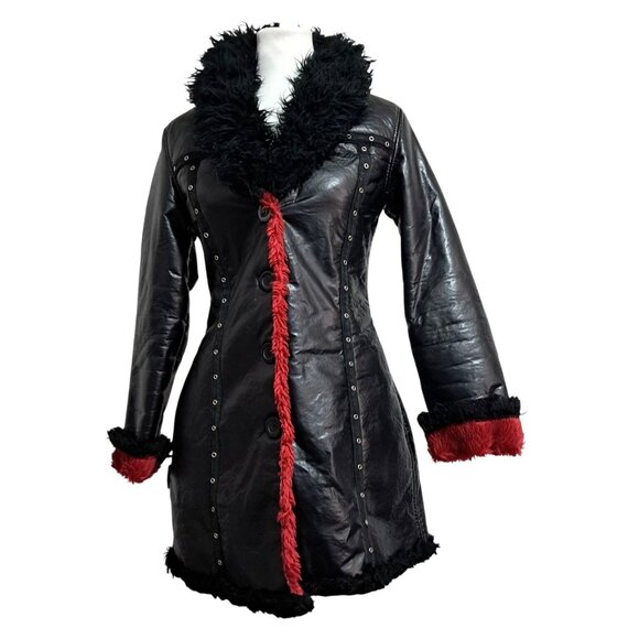 Tripp nyc Jackets & Blazers - Y2K Tripp NYC Size Small Red Star Trench Coat Polyvinyl Faux Fur Goth WOMENS UNI